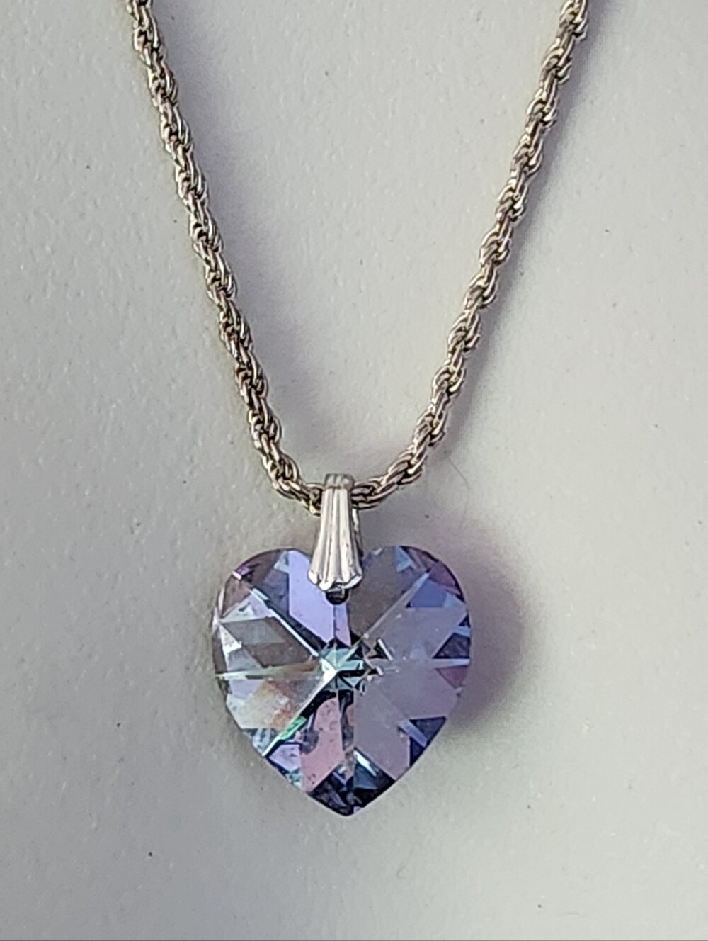 Italy 925 Sterling Silver Chain With Iridescent Heart Crystal Pendant-23 Inches